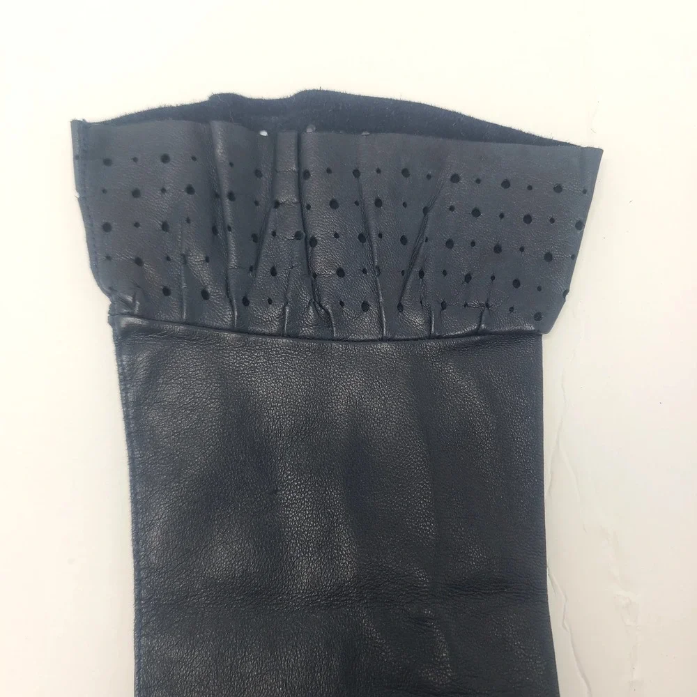Vtg ROECKL Black Soft Leather Gloves 7 Perforated Ruffled Wrist Luxury Coquette